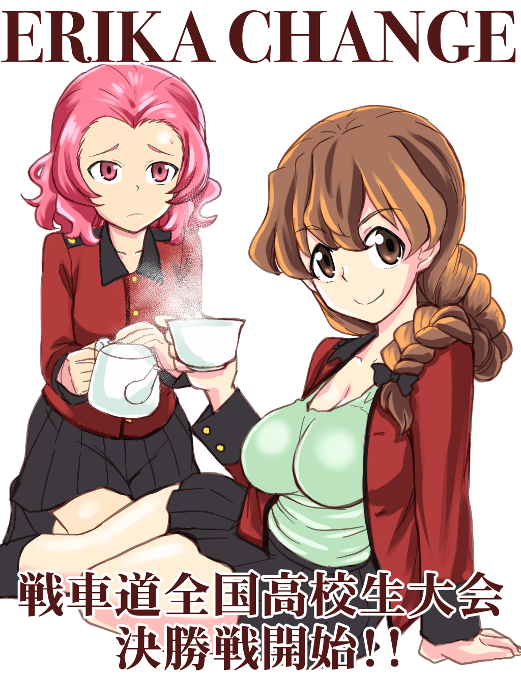 black_ribbon braid breasts brown_eyes brown_hair cup girls_und_panzer hair_over_shoulder highres holding holding_cup jacket large_breasts looking_at_viewer medium_hair open_clothes open_jacket pink_eyes pink_hair pleated_skirt red_jacket ribbon rosehip rukuriri single_braid skirt st._gloriana's_military_uniform sutahiro_(donta) teacup teapot translated