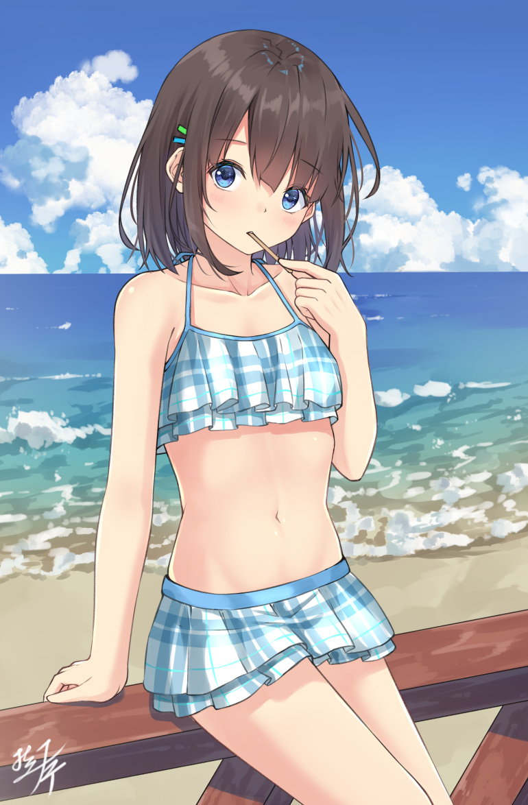 1girl bare_arms bare_shoulders beach bikini_skirt blue_eyes blue_sky brown_hair clouds cloudy_sky collarbone day hair_ornament hairclip halter_top halterneck hand_up holding horizon looking_at_viewer midriff miko_fly navel ocean original outdoors popsicle_stick short_hair sidelocks signature sitting sky solo swimsuit thighs water