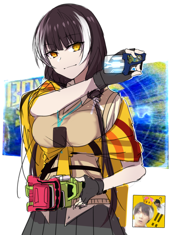 1girl black_hair black_skirt breasts commentary_request crossover fingerless_gloves girls_frontline gloves hanaya_taiga holding houjou_emu kamen_rider kamen_rider_ex-aid kamen_rider_ex-aid_(series) long_hair looking_at_viewer super_mario_bros. medium_breasts multicolored_hair new_super_mario_bros._u_deluxe rider_gashat ro635_(girls_frontline) skirt smile super_crown upper_body white_hair xiujia_yihuizi yellow_eyes