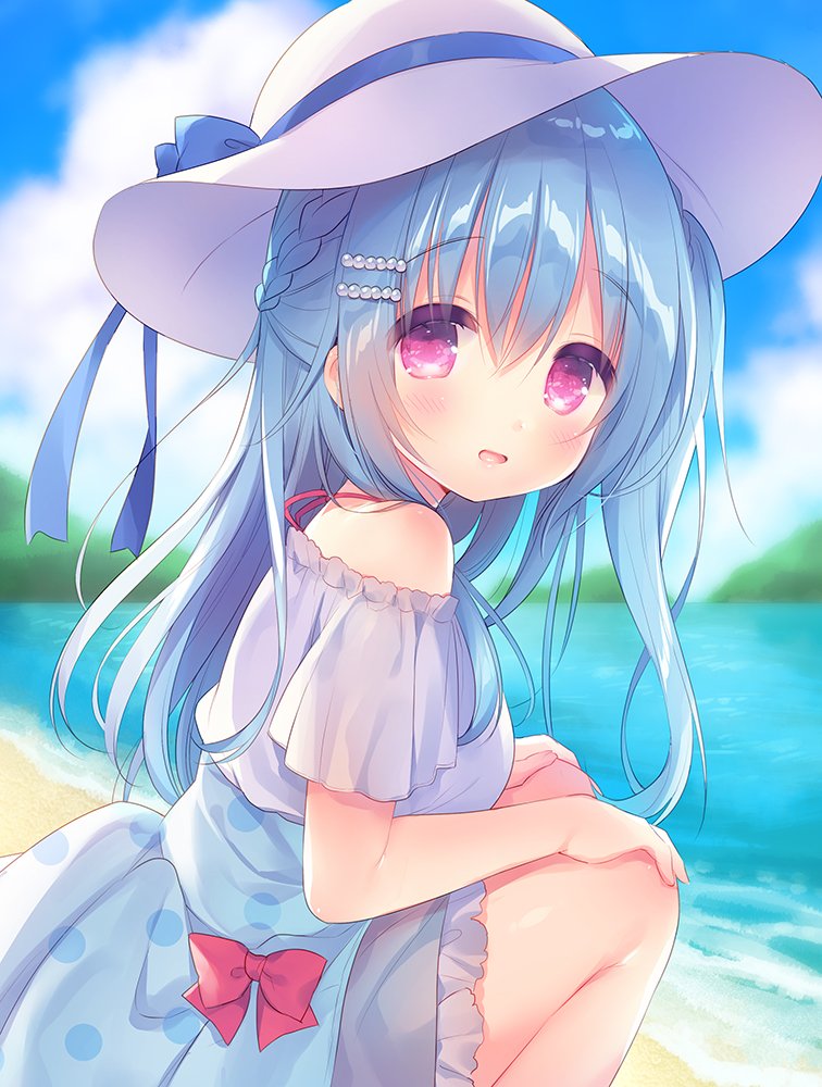 1girl bangs bare_shoulders blue_bow blue_hair blue_sky blurry blurry_background blush bow braid breasts clouds cloudy_sky commentary_request day depth_of_field dress eyebrows_visible_through_hair hair_between_eyes hair_ornament hairclip hands_on_own_knees hat hat_bow long_hair looking_at_viewer looking_to_the_side off-shoulder_dress off_shoulder original outdoors parted_lips polka_dot red_bow short_sleeves sky small_breasts smile solo squatting sun_hat usashiro_mani very_long_hair violet_eyes water white_dress white_headwear