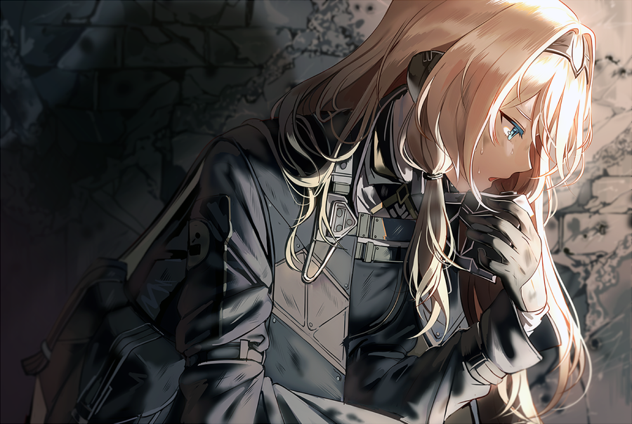 1girl an-94_(girls_frontline) bangs black_gloves blonde_hair blue_eyes from_side girls_frontline gloves hair_between_eyes headband low_tied_hair military military_uniform open_mouth silence_girl sweat tactical_clothes uniform