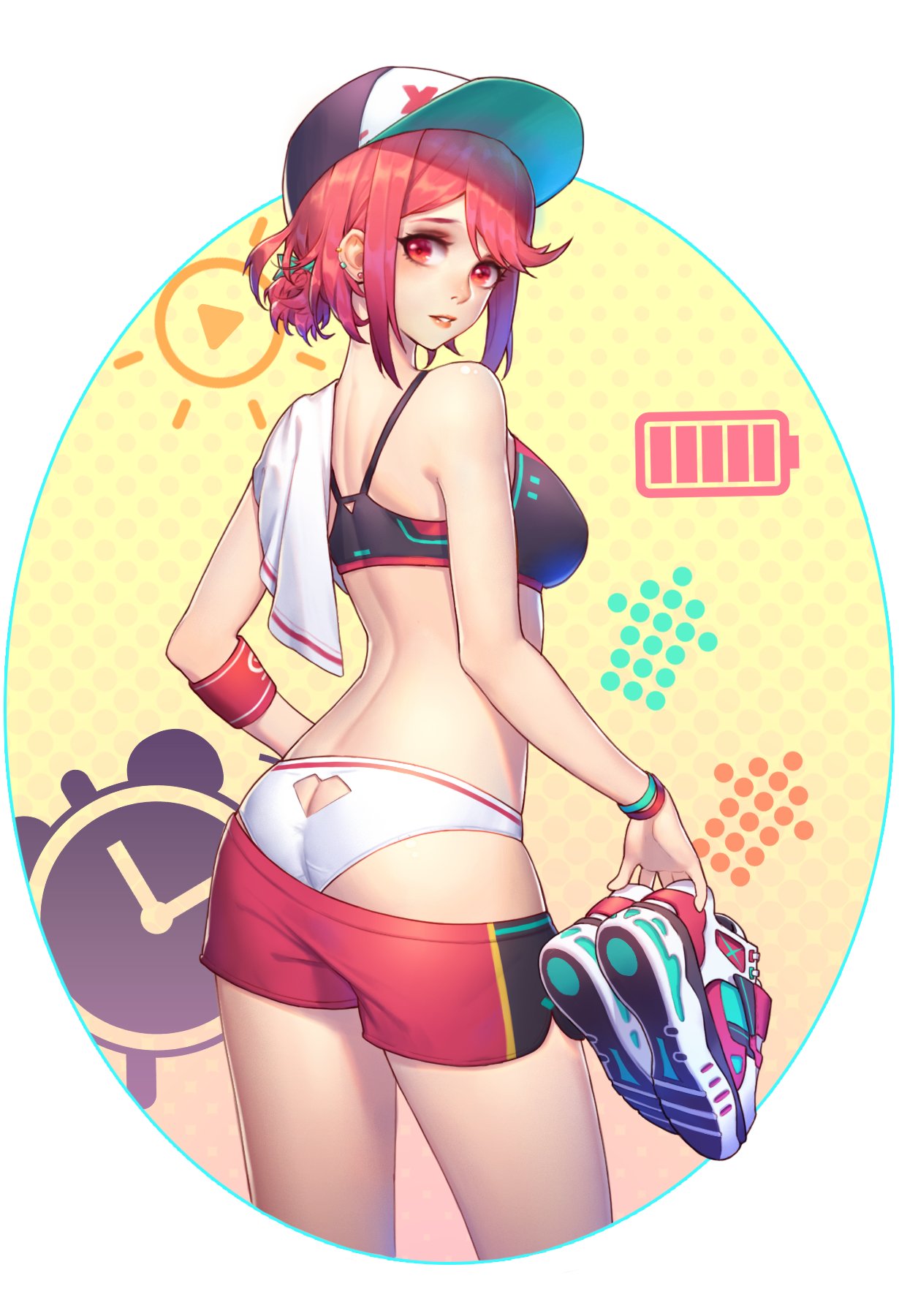 1girl ass bangs bra earrings gem hat headpiece highres pyra_(xenoblade) jewelry looking_at_viewer panties red_eyes redhead shoes short_hair shorts simple_background sports_bra swept_bangs tiara underwear undressing w2398510474 xenoblade_(series) xenoblade_2