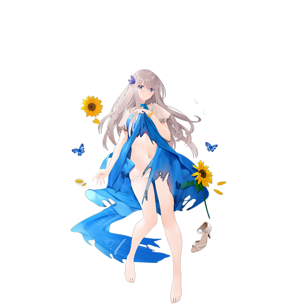 barefoot blue_eyes bracelet breasts bug butterfly damaged dress flower insect jewelry large_breasts lexington_(warship_girls_r) long_hair sandals_removed suisai sunflower toes warship_girls_r