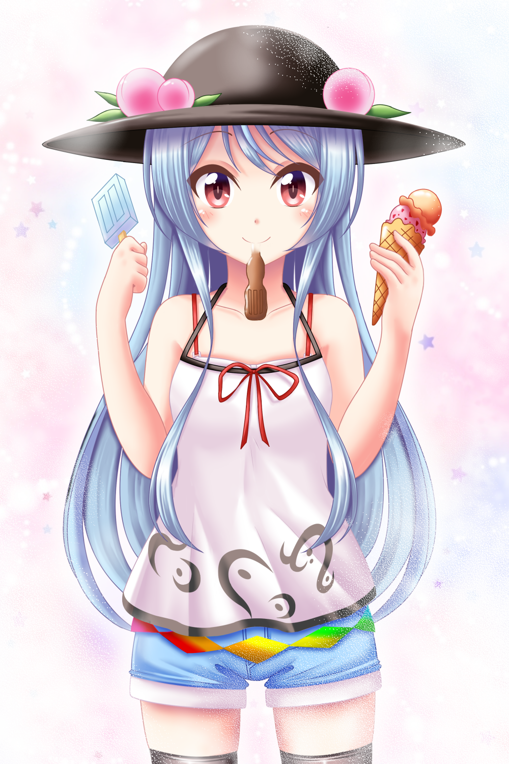 1girl black_headwear blue_shorts closed_mouth collarbone cowboy_shot eyebrows_visible_through_hair food grey_legwear hat highres hinanawi_tenshi holding holding_food ice_cream long_hair looking_at_viewer mouth_hold red_eyes red_ribbon reimei_(r758120518) ribbon shirt short_shorts shorts silver_hair simple_background sleeveless sleeveless_shirt smile solo standing straight_hair sun_hat thigh-highs thigh_gap touhou very_long_hair white_background white_shirt younger zettai_ryouiki