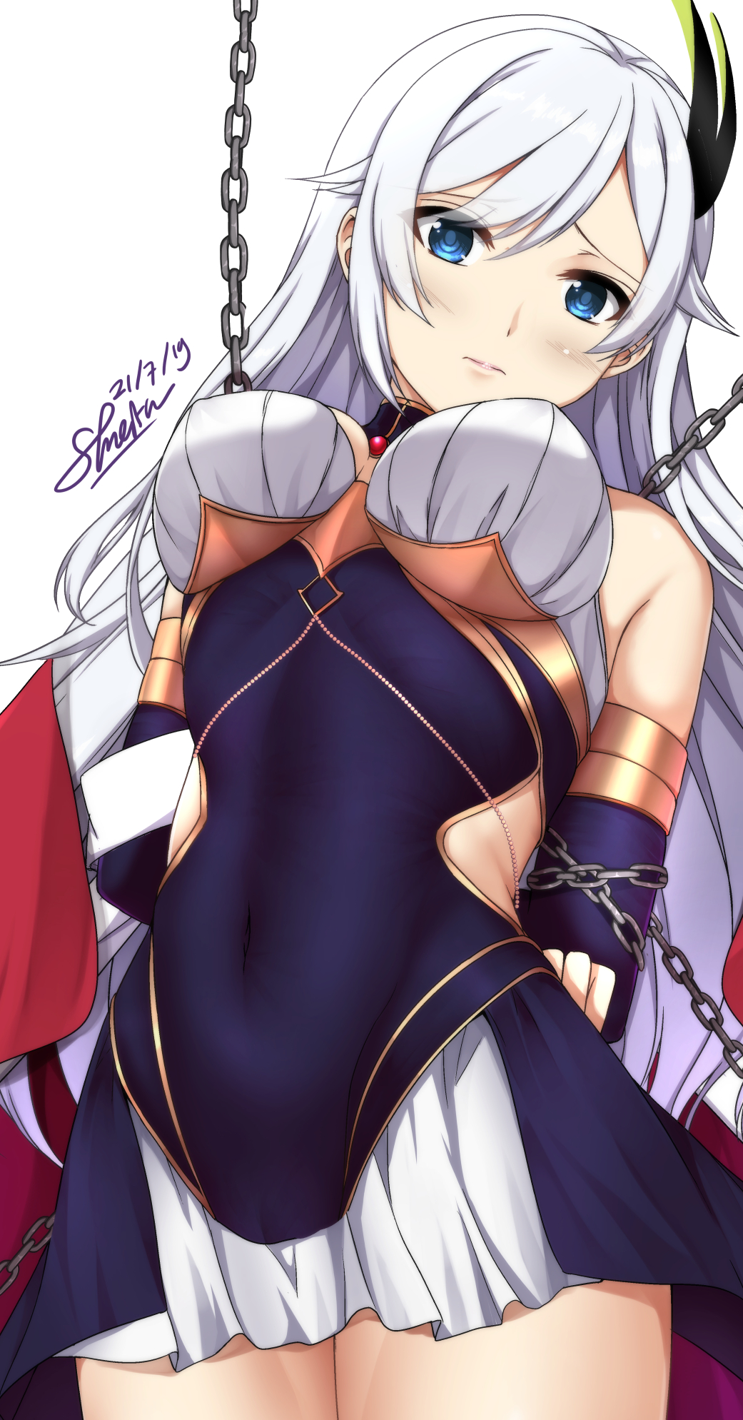 1girl arms_behind_back artist_name bdsm blue_eyes blush bondage bound breasts cape cecilia_schariac chain commentary dated english_commentary eyebrows eyebrows_visible_through_hair hair_between_eyes hair_ornament highres honkai_(series) honkai_impact_3rd sheita tied_up white_hair