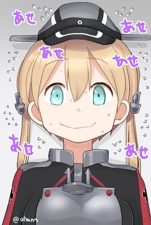 1girl ahenn anchor_hair_ornament aqua_eyes blonde_hair commentary_request gradient gradient_background grey_background hair_ornament hat iron_cross kantai_collection long_hair low_twintails military military_hat military_uniform peaked_cap prinz_eugen_(kantai_collection) smile solo sweat sweating_profusely translated twintails uniform upper_body wavy_mouth