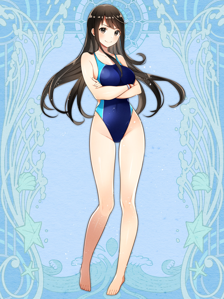 &gt;:) 1girl akifuyu_haruko barefoot black_eyes black_hair blue_swimsuit closed_mouth collarbone commentary_request competition_swimsuit crossed_arms dairoku_youhei full_body highleg highleg_swimsuit light_smile long_hair looking_at_viewer maruyama_hari official_art one-piece_swimsuit pigeon-toed skin_tight solo standing swimsuit v-shaped_eyebrows