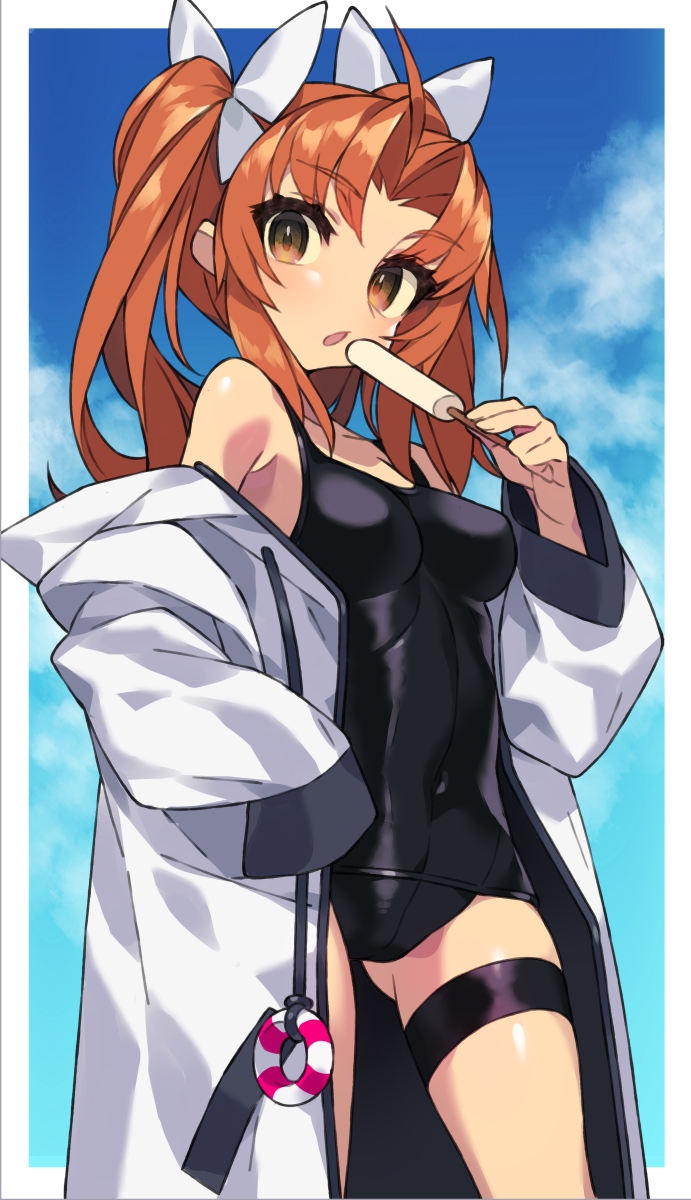 2girls ahoge black_swimsuit blue_sky breasts brown_eyes brown_hair clouds coat collarbone commentary_request contrapposto drawstring food hair_ribbon highres hood hooded_coat hoodie itsumo_nokoru kagerou_(kantai_collection) kantai_collection lifebuoy long_hair looking_at_viewer multiple_girls popsicle remodel_(kantai_collection) ribbon school_swimsuit sky small_breasts swimsuit twintails white_coat white_ribbon yellow_ribbon