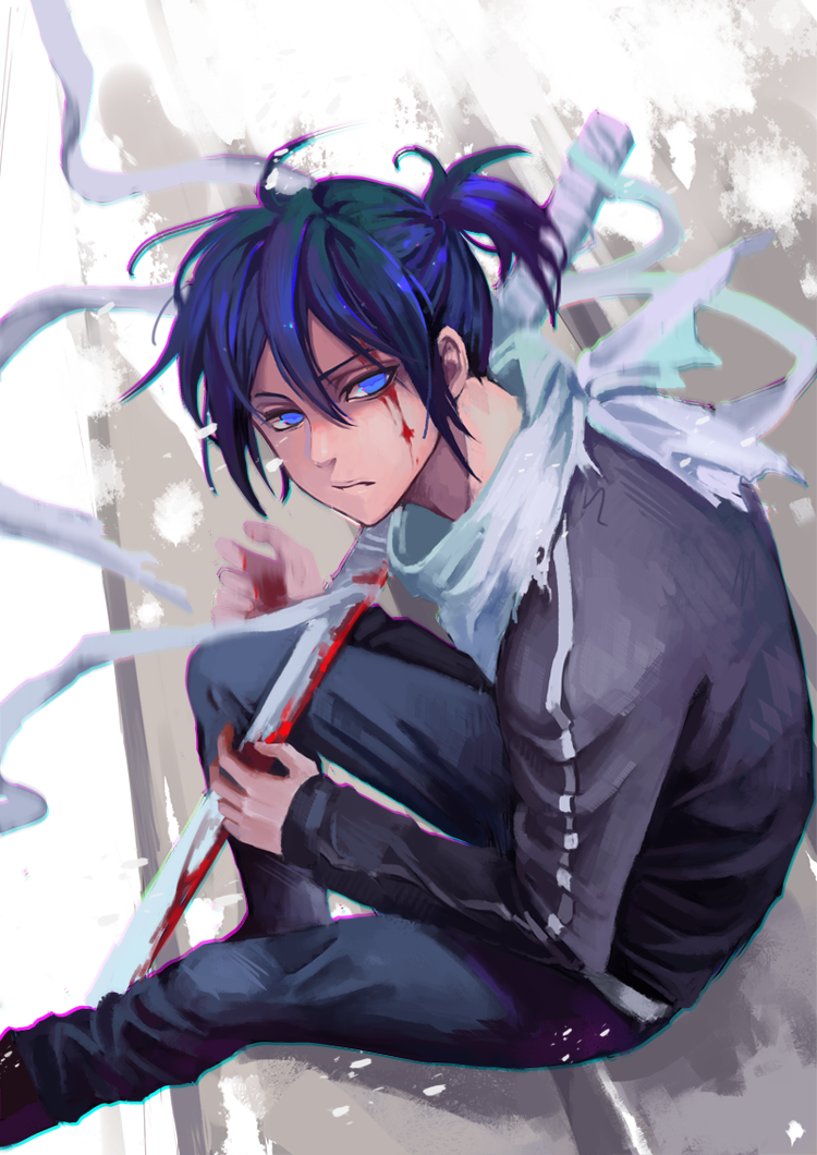 1boy ana_bi black_jacket blood blood_on_face blue_eyes blue_hair blue_pants closed_mouth commentary_request jacket long_sleeves looking_at_viewer male_focus noragami pants ponytail scarf short_ponytail sitting solo sword track_jacket track_suit weapon yato_(noragami)