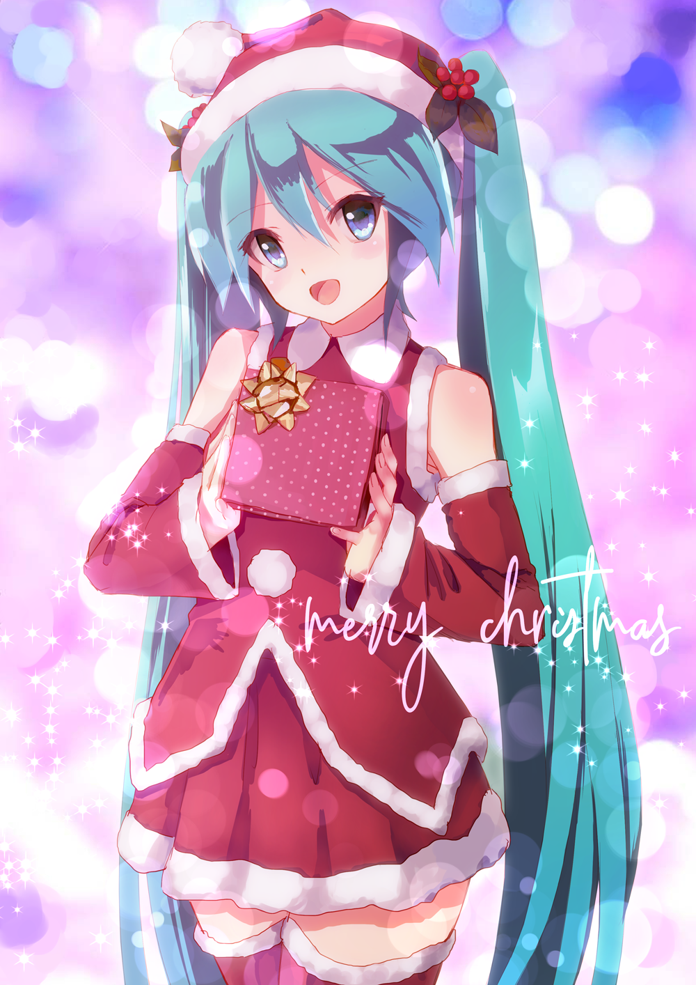 adapted_costume aqua_eyes aqua_hair bare_shoulders blurry blurry_background box christmas commentary cowboy_shot detached_sleeves fur-trimmed_hat fur-trimmed_legwear fur-trimmed_shirt fur-trimmed_skirt fur-trimmed_sleeves fur_trim gift gift_box hair_ornament hat hatsune_miku highres holding holding_box holding_gift holly_hair_ornament long_hair looking_at_viewer merry_christmas open_mouth red_headwear red_legwear red_shirt red_skirt red_sleeves santa_costume santa_hat shirt skirt smile sparkle takepon1123 thigh-highs twintails very_long_hair vocaloid zettai_ryouiki