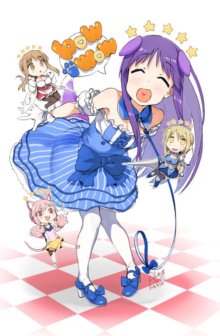 4girls :d animal_ears bangs bare_arms bare_shoulders blue_bow blue_dress blue_footwear bow character_request closed_eyes commentary_request dog_ears dog_girl dog_tail dot_nose double-breasted dress eyebrows_visible_through_hair facing_viewer gao gloves heart heart_in_mouth hinata_yukari long_hair multiple_girls number onomatopoeia open_mouth pinstripe_dress purple_hair purple_tail rkrk smile speech_bubble star straight_hair tail white_gloves white_legwear yuyushiki