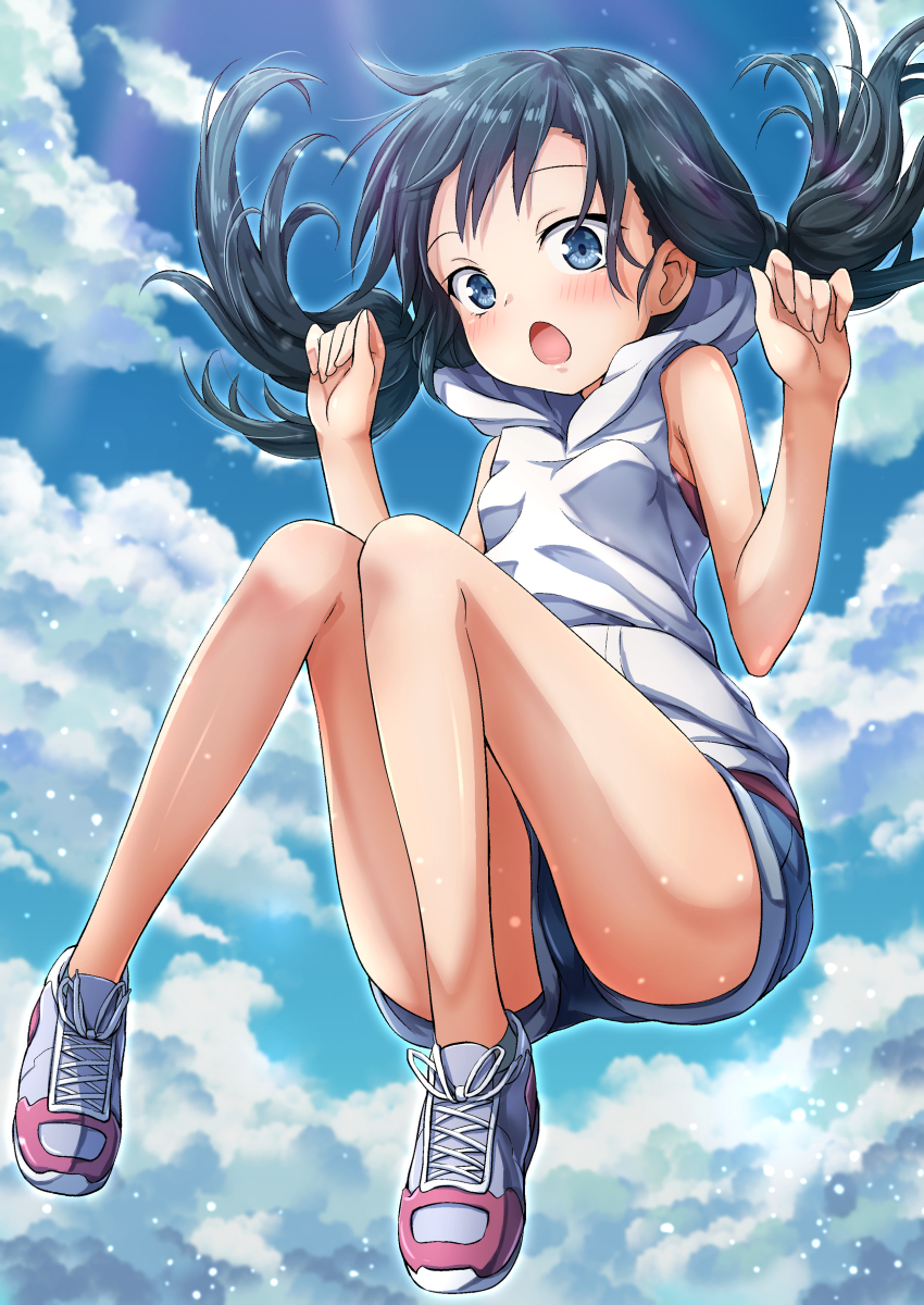1girl :o amano_hina_(tenki_no_ko) bangs bare_arms bare_shoulders black_hair blue_eyes blue_shorts blue_sky clouds cloudy_sky commentary_request day full_body grey_footwear hands_up highres hood hood_down hoodie itakurakou1993 long_hair looking_at_viewer open_mouth outdoors shoes short_shorts shorts sky sleeveless sleeveless_hoodie solo tenki_no_ko twintails white_hoodie