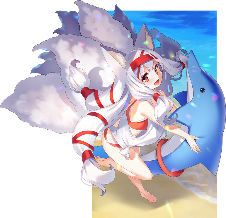1girl :d animal_ear_fluff animal_ears bangs bare_arms bare_legs bare_shoulders barefoot beach bikini blush commentary_request eyebrows_visible_through_hair fox_ears fox_girl fox_tail full_body hair_ribbon holding kyuubi long_hair looking_at_viewer multiple_tails open_mouth original red_bikini red_eyes red_ribbon ribbon sandals silver_hair smile soles solo standing standing_on_one_leg swimsuit tail very_long_hair water yuuji_(yukimimi)
