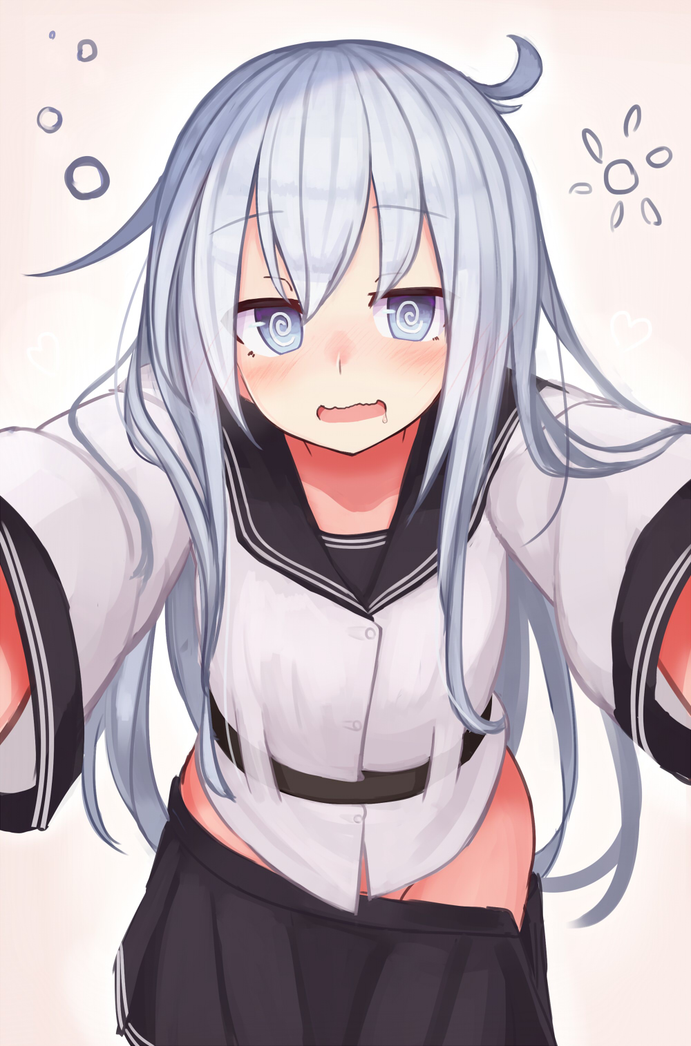 1girl @_@ belt black_legwear blue_eyes blush commentary_request hibiki_(kantai_collection) highres kantai_collection long_hair long_sleeves loose_clothes loose_shirt open_mouth reitou_mikan remodel_(kantai_collection) school_uniform serafuku shirt silver_hair simple_background skirt solo verniy_(kantai_collection) white_hair