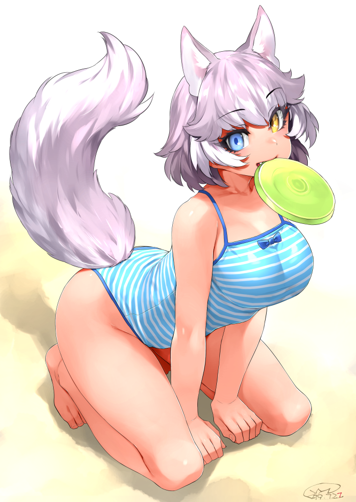 1girl animal_ears barefoot blue_eyes blue_swimsuit breasts dated dog_(mixed_breed)_(kemono_friends) dog_ears dog_tail eyebrows_visible_through_hair fang frisbee grey_hair happa_(cloverppd) heterochromia kemono_friends large_breasts looking_at_viewer mouth_hold multicolored_hair one-piece_swimsuit short_hair solo striped striped_swimsuit swimsuit tail two-tone_hair white_hair yellow_eyes