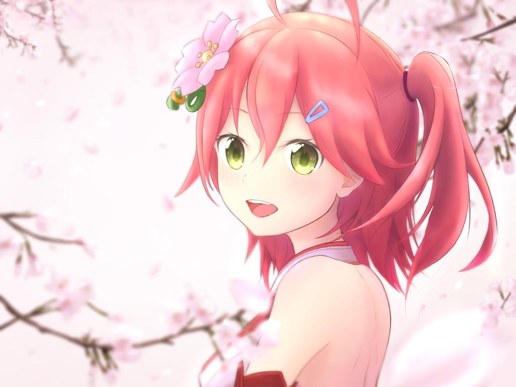 1girl ahoge armband armpits bangs bare_back bare_shoulders breasts cherry_blossoms flower green_eyes hair_ornament hair_tie hairclip hololive medium_breasts medium_hair nontraditional_miko open_mouth outdoors petals pink_hair ragi_sino07 sakura_miko shoulder_blades side_ponytail smile solo tied_hair tree_branch upper_body virtual_youtuber