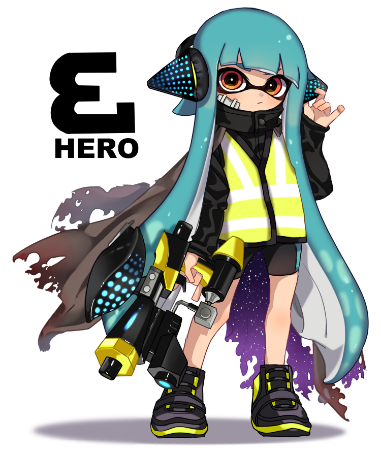 1girl bandage_on_face bangs bike_shorts black_cape black_footwear black_jacket black_shorts blunt_bangs cape closed_mouth commentary domino_mask english_commentary english_text full_body green_hair hand_on_headwear headgear hero_shot_(splatoon) holding holding_weapon inkling jacket light_blush light_frown long_hair long_sleeves looking_at_viewer maco_spl mask pointy_ears red_eyes shoes shorts simple_background single_vertical_stripe sneakers solo splatoon_(series) splatoon_1 splatoon_2 splatoon_2:_octo_expansion squidbeak_splatoon standing tentacle_hair torn_cape torn_clothes vest weapon white_background yellow_vest