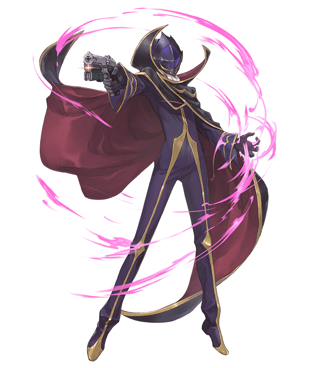 1boy cape code_geass crossover finger_on_trigger gloves gold_trim gun handgun high_collar ji_no mask official_art sinoalice transparent_background weapon zero_(code_geass)