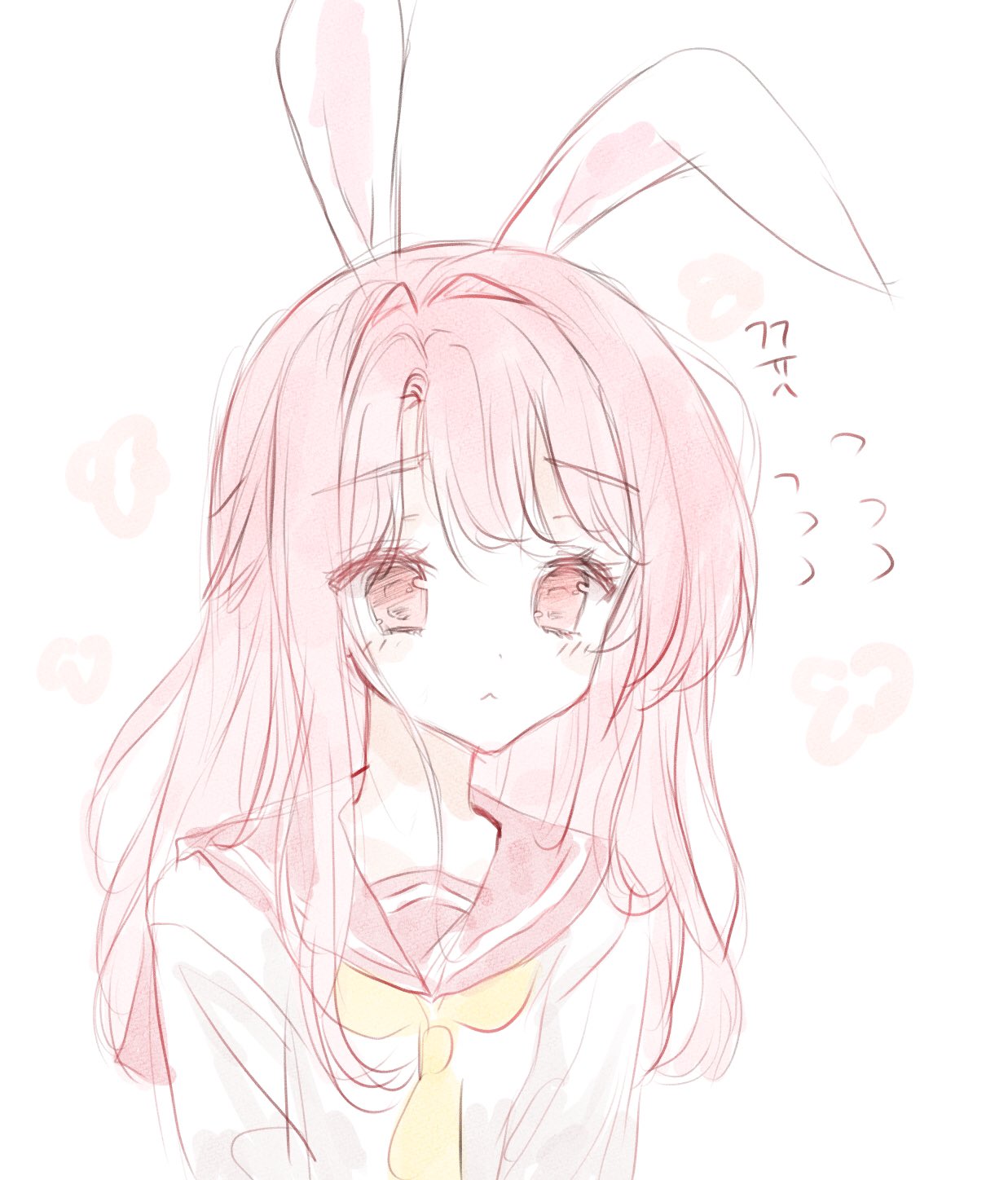 1girl :&lt; animal_ears bangs blush brown_sailor_collar closed_mouth commentary_request eyebrows_visible_through_hair flying_sweatdrops highres korean long_hair looking_away original pink_hair rabbit_ears red_eyes sailor_collar shirt sketch solo tandohark translation_request upper_body white_background white_shirt yellow_neckwear