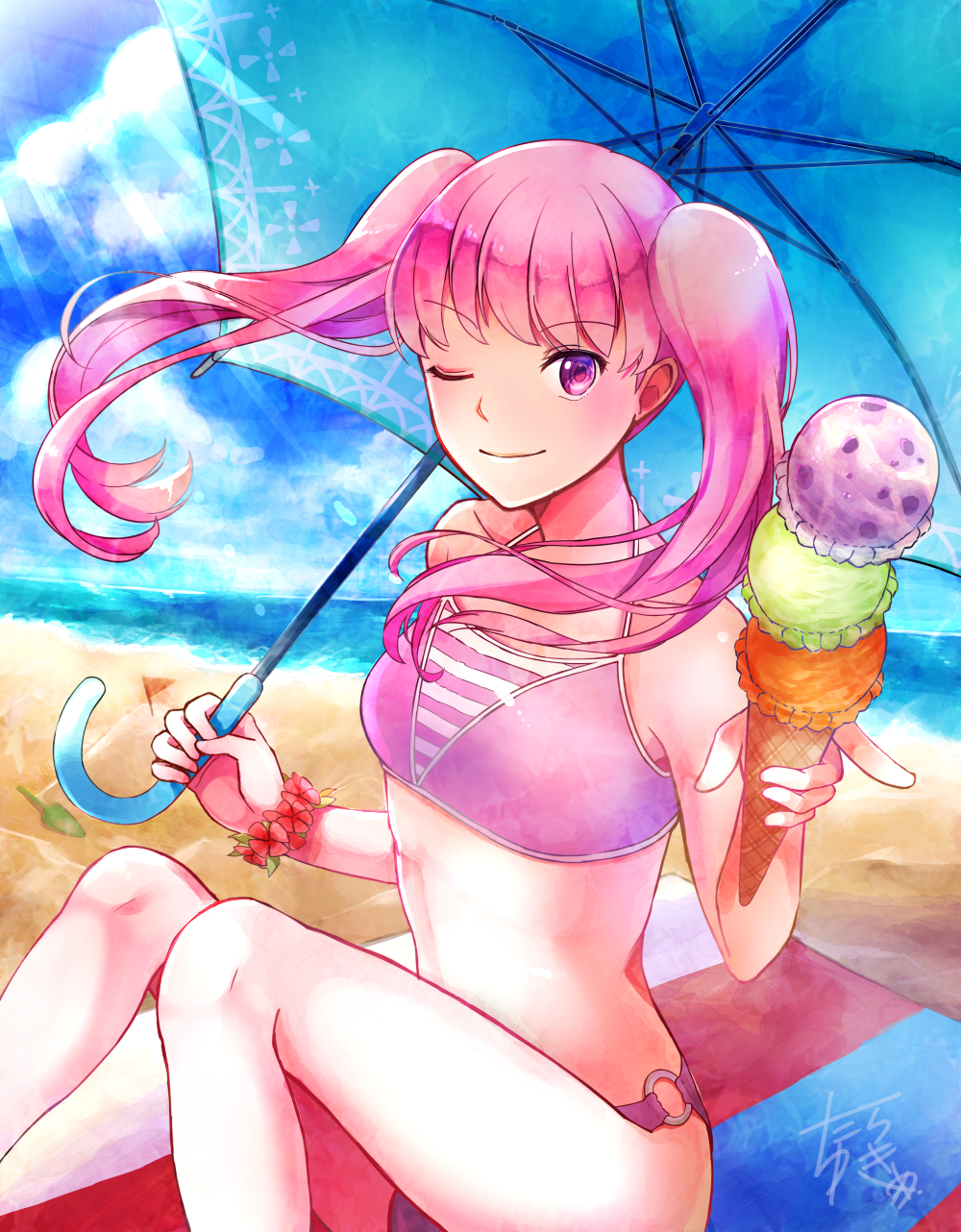 1girl ;) beach bikini blue_umbrella clouds cute day fire_emblem fire_emblem:_rekka_no_ken fire_emblem_heroes floating_hair flower food highres holding holding_food holding_umbrella ice_cream intelligent_systems long_hair looking_at_viewer nintendo o-ring o-ring_bikini ocean one_eye_closed outdoors pink_bikini pink_eyes pink_hair red_flower serra serra_(fire_emblem) sitting smile solo summer sunlight super_smash_bros. swimsuit twintails umbrella yukimiyuki