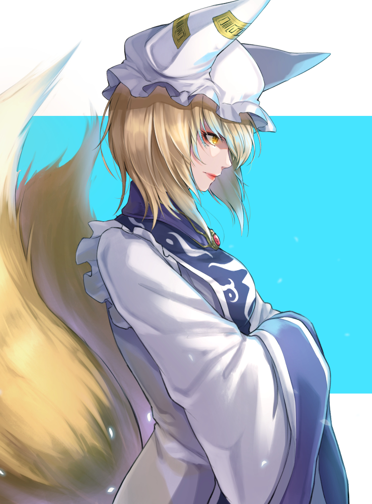1girl bangs blonde_hair blue_background breasts brooch commentary dress eyeshadow fox_tail from_side hat jewelry lipstick long_sleeves makeup medium_breasts multiple_tails ofuda petals pillow_hat profile re_(re_09) red_lipstick short_hair solo tabard tail touhou two-tone_background upper_body white_background white_dress white_headwear wide_sleeves yakumo_ran yellow_eyes