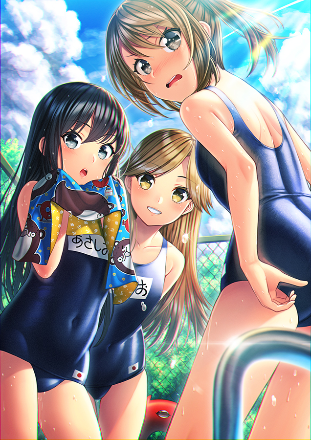 3girls arashio_(kantai_collection) asashio_(kantai_collection) bangs black_hair blue_eyes blue_sky blue_swimsuit brown_eyes brown_hair clouds commentary_request condensation_trail covered_navel day enemy_lifebuoy_(kantai_collection) eyebrows_visible_through_hair hair_between_eyes kantai_collection kyon_(fuuran) lips long_hair looking_at_viewer michishio_(kantai_collection) multiple_girls open_mouth outdoors parted_bangs ponytail school_swimsuit sky smile standing swimsuit towel wet