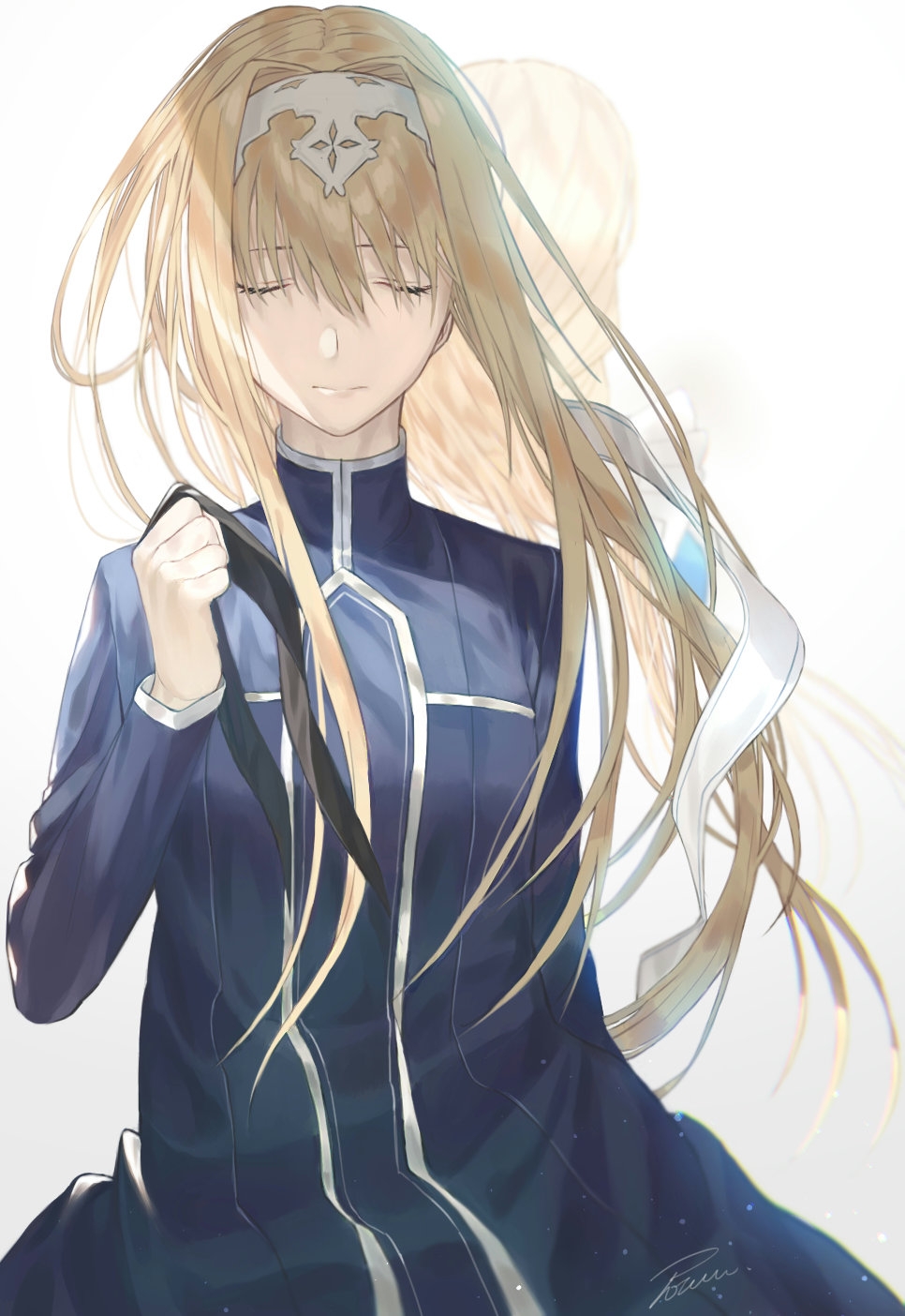 1girl alice_schuberg bangs blonde_hair blue_dress closed_eyes closed_mouth dress facing_viewer floating_hair hair_between_eyes highres holding long_hair riko201008 signature simple_background solo standing sword_art_online very_long_hair white_background