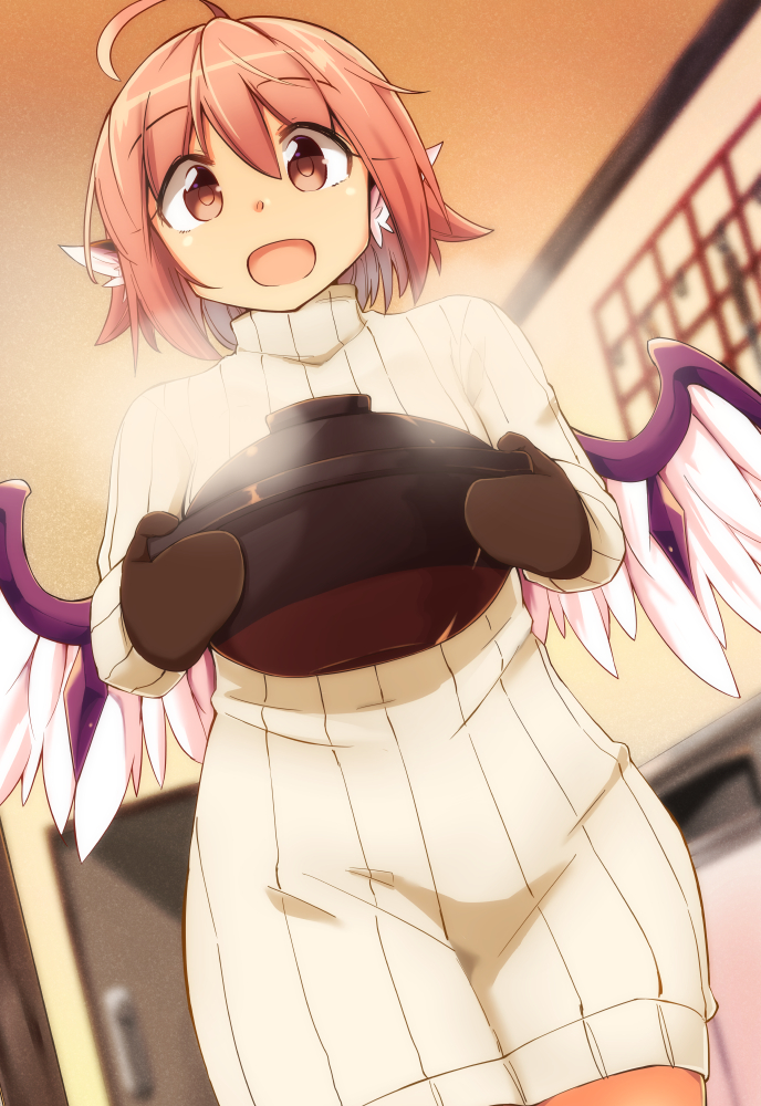 1girl :d ahoge animal_ears bird_wings brown_gloves commentary_request eyebrows_visible_through_hair gloves holding indoors looking_at_viewer moja_(moja4192) mystia_lorelei open_mouth red_eyes redhead ribbed_sweater short_hair smile solo steam sweater touhou turtleneck turtleneck_sweater white_sweater wings