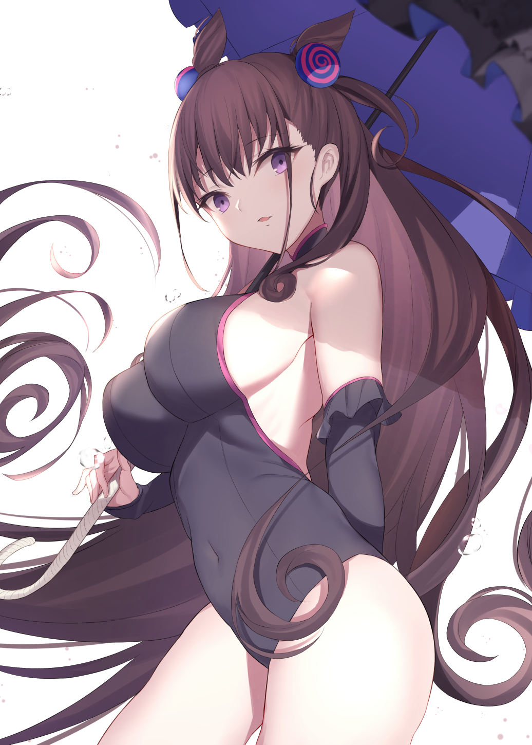 1girl bangs bare_shoulders black_swimsuit blush breasts covered_navel detached_sleeves double_bun fate/grand_order fate_(series) frilled_umbrella hair_ornament highres holding holding_umbrella large_breasts long_hair looking_at_viewer maosame murasaki_shikibu_(fate) one-piece_swimsuit open_mouth parted_lips sideboob simple_background solo swimsuit thighs two_side_up umbrella very_long_hair violet_eyes white_background