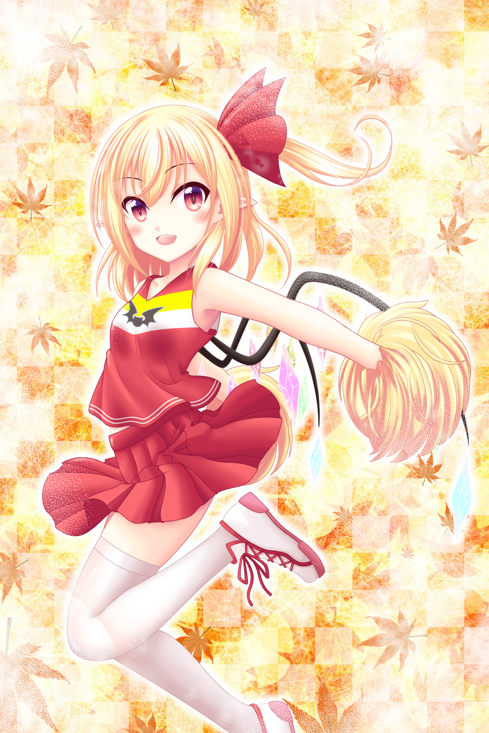 1girl :d bangs blonde_hair blush checkered checkered_background cheerleader collarbone eyebrows_visible_through_hair flandre_scarlet hair_between_eyes hair_ornament highres leaf leaf_background leg_up long_hair looking_at_viewer maple_leaf miniskirt open_mouth outstretched_arms pleated_skirt pointy_ears pom_poms red_eyes red_ribbon red_shirt red_skirt reimei_(r758120518) ribbon shirt shoes side_ponytail skirt sleeveless sleeveless_shirt smile sneakers solo thigh-highs touhou white_footwear white_legwear wings