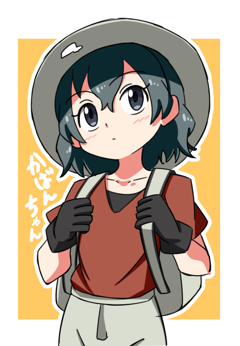 1girl backpack bag black_eyes black_gloves black_hair character_name collarbone cowboy_shot eyebrows_visible_through_hair gloves hat head_tilt highres holding_strap kaban_(kemono_friends) kemono_friends looking_up outline red_shirt shirt short_hair short_sleeves shorts simple_background solo sumiiisu2324 translated white_outline white_shorts yellow_background