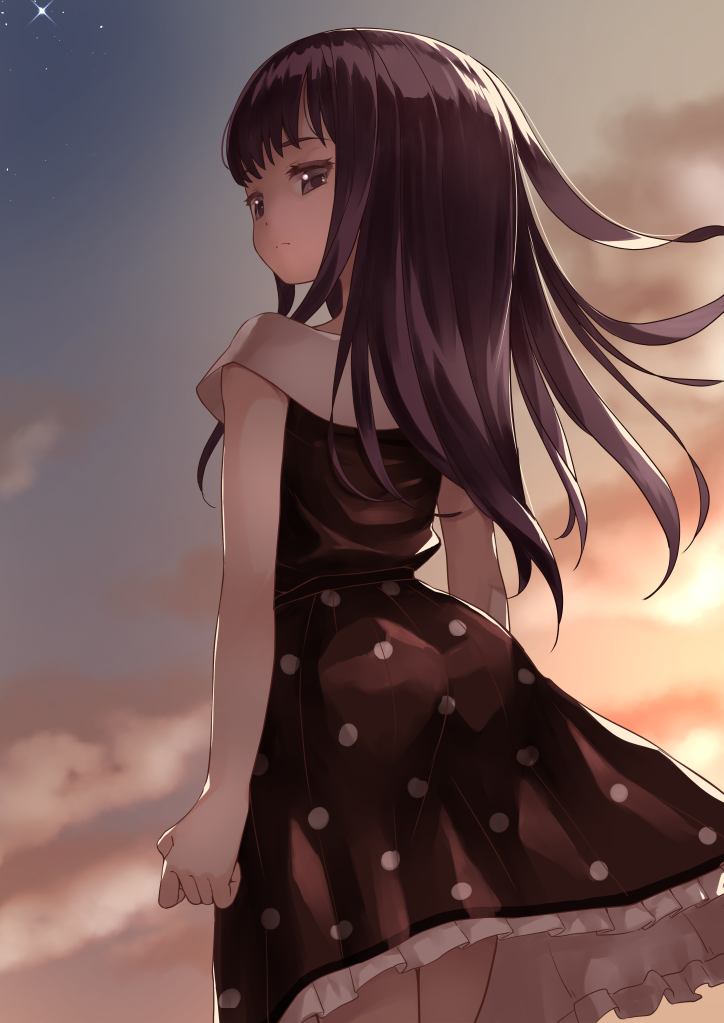 1girl bangs bare_arms blue_sky brown_dress brown_eyes closed_mouth clouds cloudy_sky commentary_request dress dutch_angle eyebrows_visible_through_hair frilled_dress frills long_hair looking_away looking_to_the_side magia_record:_mahou_shoujo_madoka_magica_gaiden mahou_shoujo_madoka_magica nanami_yachiyo outdoors polka_dot polka_dot_dress purple_hair rin2008 sky sleeveless sleeveless_dress solo standing sunset
