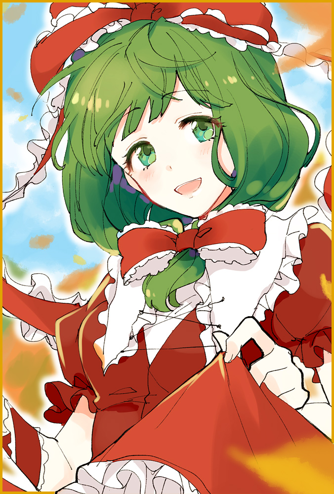 1girl :d bangs blunt_bangs blush bow close-up clouds cloudy_sky day dress eyebrows_visible_through_hair eyes_visible_through_hair falling_leaves front_ponytail green_eyes green_hair hair_bow kagiyama_hina leaf open_mouth popoin red_dress round_teeth skirt_hold sky smile solo teeth touhou upper_body upper_teeth