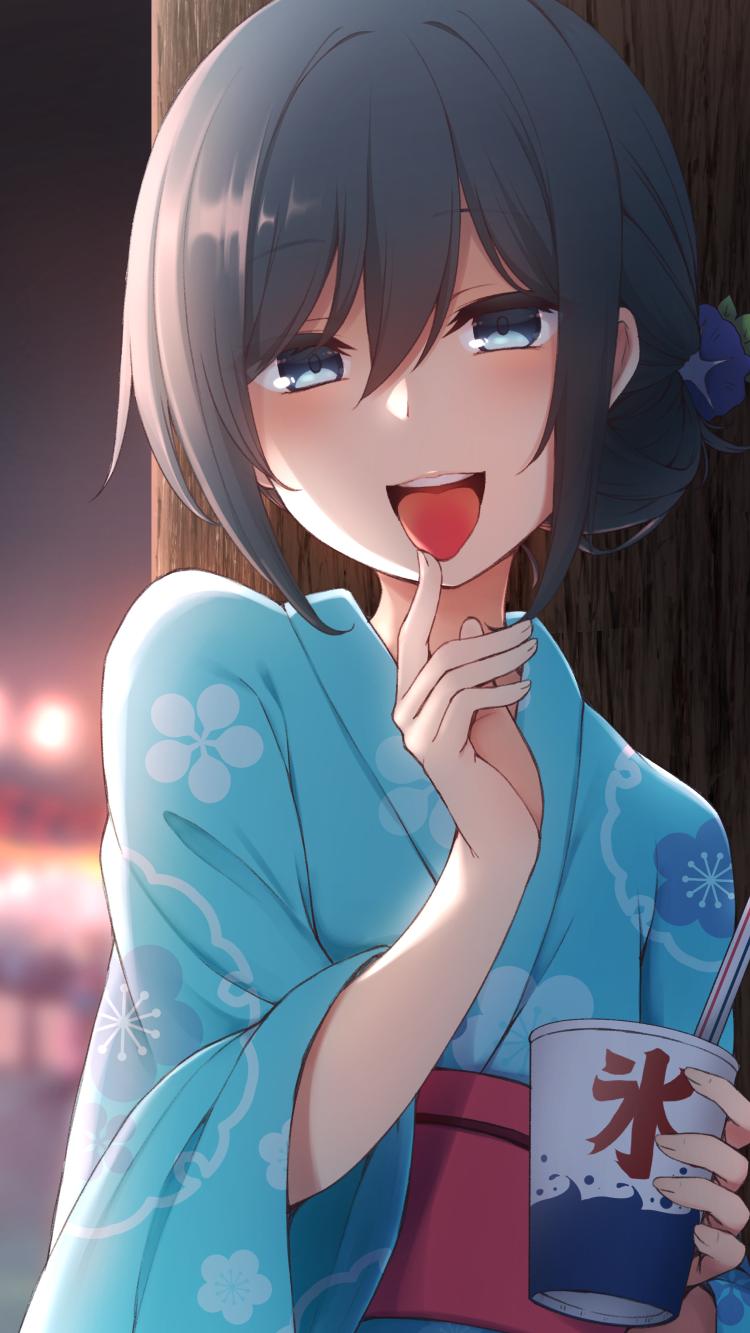 1girl :d bangs black_hair blue_eyes blue_flower blue_kimono blurry blurry_background colored_tongue commentary_request cup depth_of_field disposable_cup drinking_straw eyebrows_visible_through_hair fingerless_gloves floral_print flower gloves hair_between_eyes hair_flower hair_ornament hand_up highres holding holding_cup japanese_clothes kimono kooribata looking_at_viewer nagami_yuu obi open_mouth original print_kimono round_teeth sash sidelocks smile solo teeth tongue tongue_out upper_teeth