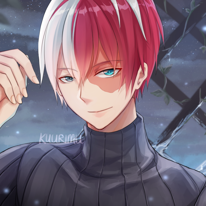 1boy artist_name black_sweater blue_eyes boku_no_hero_academia burn_scar commentary_request eyebrows_visible_through_hair face hair_between_eyes kuurimuart looking_at_viewer male_focus multicolored_hair red_eyes redhead scar short_hair smile solo striped striped_sweater sweater todoroki_shouto two-tone_hair white_hair