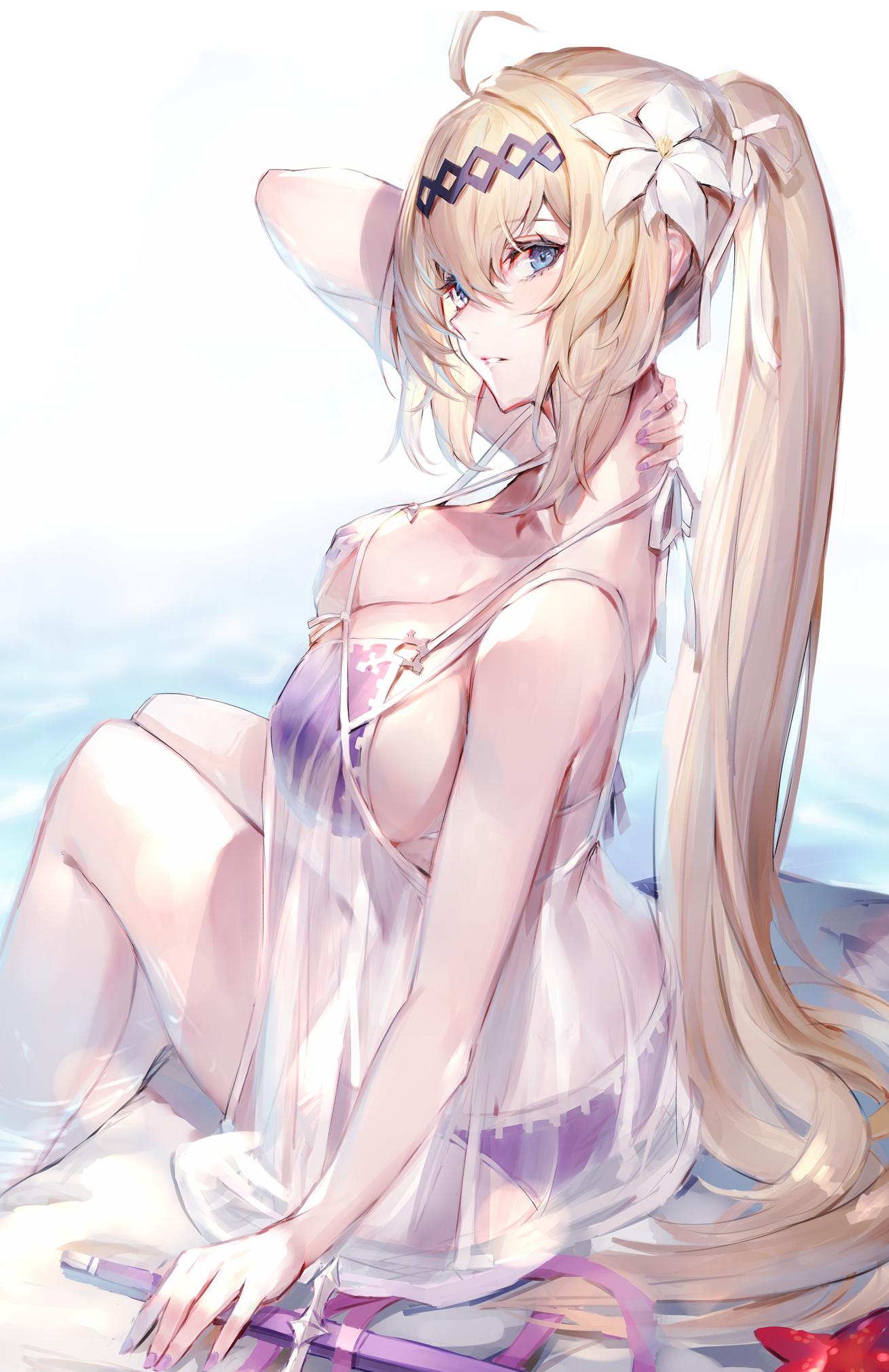 1girl bare_shoulders bikini blonde_hair blue_eyes breasts collarbone flower from_side front-tie_bikini front-tie_top granblue_fantasy hair_between_eyes hair_flower hair_ornament hair_ribbon hairband highres jeanne_d'arc_(granblue_fantasy) large_breasts lily_(flower) long_hair looking_at_viewer oyu_(sijimisizimi) ponytail purple_bikini ribbon solo swimsuit sword water weapon