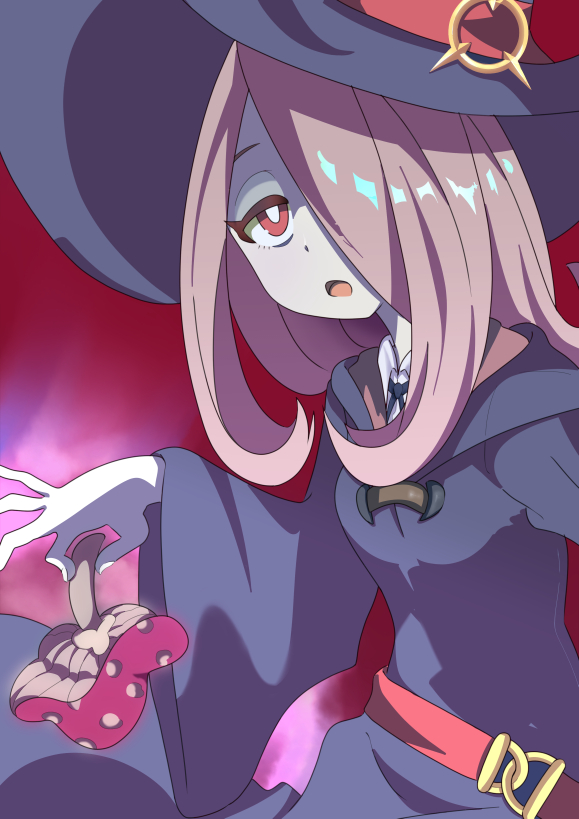 1girl grey_skin hair_over_one_eye hat lavender_hair little_witch_academia long_hair luna_nova_school_uniform mitche mushroom open_mouth pale_skin red_background red_eyes school_uniform solo sucy_manbavaran wide_sleeves witch witch_hat