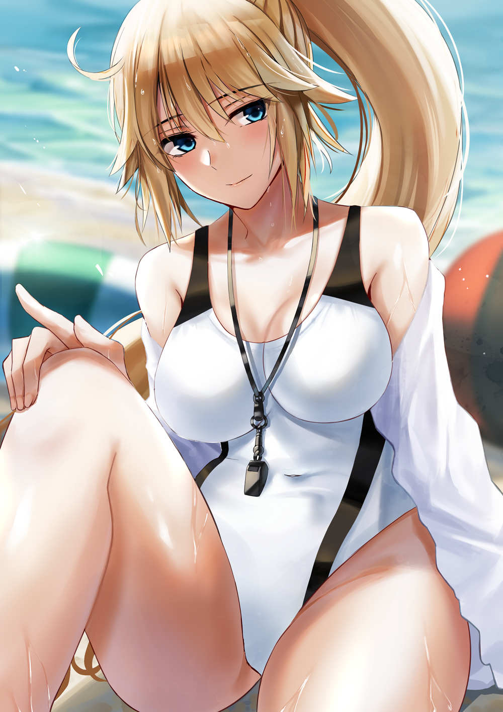 1girl blonde_hair blue_eyes blurry blurry_background breasts competition_swimsuit covered_navel fate/grand_order fate_(series) highres hood hooded_jacket jacket jeanne_d'arc_(fate)_(all) jeanne_d'arc_(swimsuit_archer) large_breasts long_hair long_sleeves nikek96 one-piece_swimsuit open_clothes open_jacket ponytail solo swimsuit wet whistle whistle_around_neck white_jacket white_swimsuit
