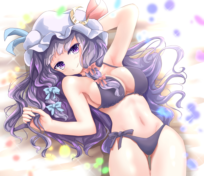 1girl arm_behind_head arm_up armpits ass_visible_through_thighs bangs bare_arms bare_shoulders bed_sheet blue_ribbon bra breasts commentary cowboy_shot crescent crescent_hair_ornament eyebrows_visible_through_hair groin hair_ornament hand_up hat hat_ribbon kerotsupii_deisuku large_breasts long_hair looking_at_viewer lying mob_cap navel on_back panties patchouli_knowledge purple_bra purple_hair purple_headwear purple_panties red_ribbon ribbon shadow side-tie_panties smile solo sparkle stomach thighs touhou underwear underwear_only violet_eyes