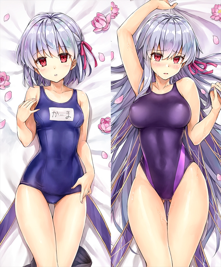 2girls bangs bare_shoulders blue_swimsuit blush breasts collarbone dakimakura fate/grand_order fate_(series) flower hair_between_eyes hair_ribbon highleg highleg_swimsuit kama_(fate/grand_order) kotatsu_(kotatsu358) large_breasts long_hair looking_at_viewer lotus multiple_girls one-piece_swimsuit open_mouth parted_lips petals pink_ribbon purple_swimsuit red_eyes ribbon silver_hair small_breasts swimsuit thighs