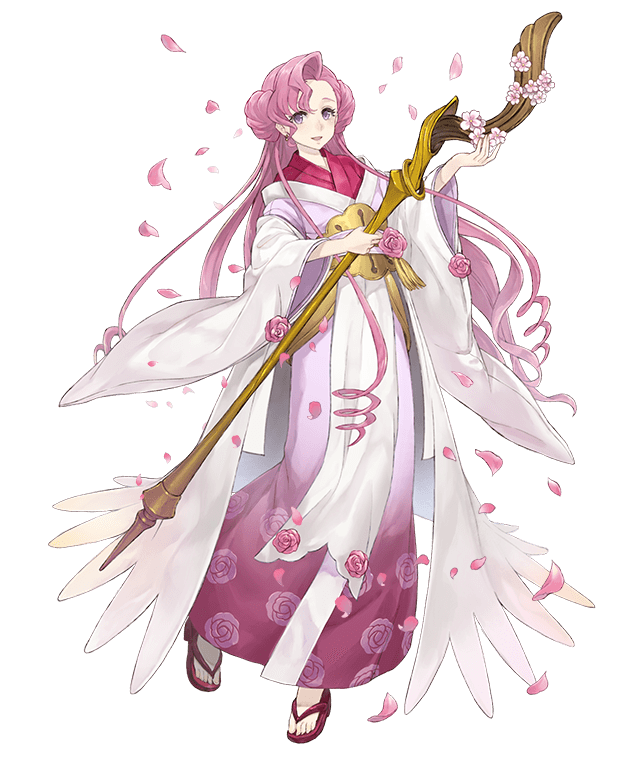 1girl :d alternate_costume cherry_blossoms code_geass crossover euphemia_li_britannia floral_print holding holding_staff japanese_clothes ji_no kimono long_hair looking_at_viewer official_art open_mouth petals pink_eyes pink_hair sandals sinoalice smile staff transparent_background wide_sleeves
