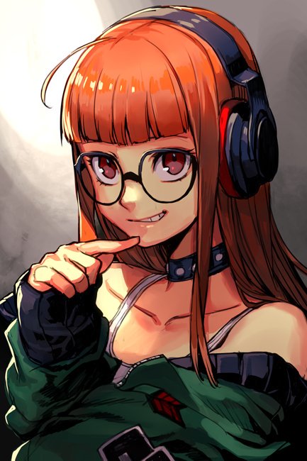 1girl bangs black-framed_eyewear blunt_bangs brown_eyes choker collarbone glasses green_jacket grin hankuri headphones hime_cut jacket long_hair looking_at_viewer orange_hair persona persona_5 sakura_futaba shiny shiny_hair shirt sidelocks sleeveless smile solo upper_body white_shirt