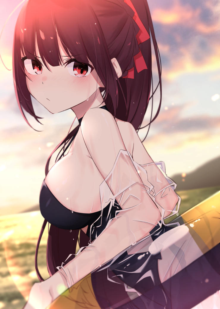 1girl bare_shoulders black_choker black_swimsuit blurry blurry_background blush breasts choker clouds cloudy_sky depth_of_field from_side frown girls_frontline hair_ornament ichiki_1 innertube large_breasts long_hair looking_at_viewer looking_to_the_side one-piece_swimsuit ponytail purple_hair red_eyes see-through sheer_clothes sidelocks sky solo sunset swimsuit upper_body wa2000_(girls_frontline)