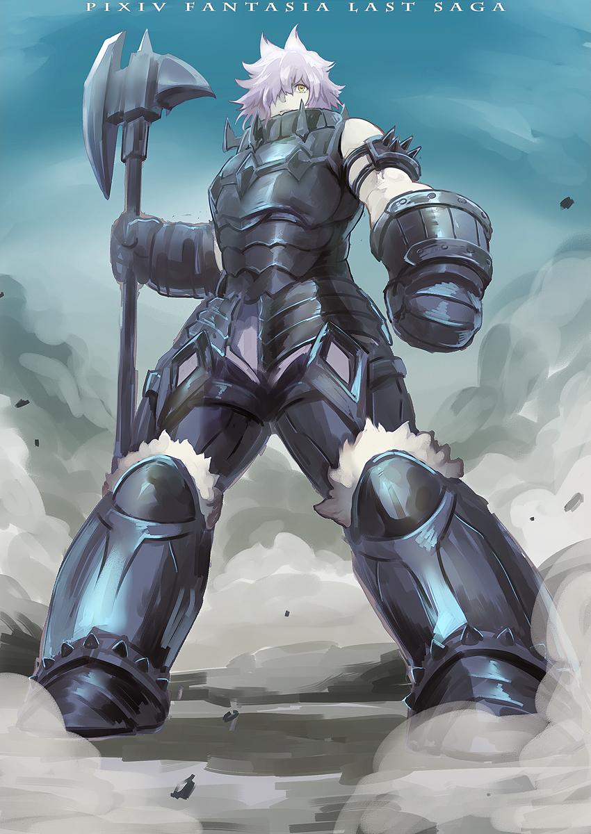1girl armor axe blue_sky clenched_hand day gauntlets hair_over_one_eye headwear_removed highres holding holding_axe iwaya outdoors pink_hair pixiv_fantasia pixiv_fantasia_last_saga polearm poleaxe sky solo spiked_armlet standing ulferica_(pixiv_fantasia_last_saga) weapon yellow_eyes
