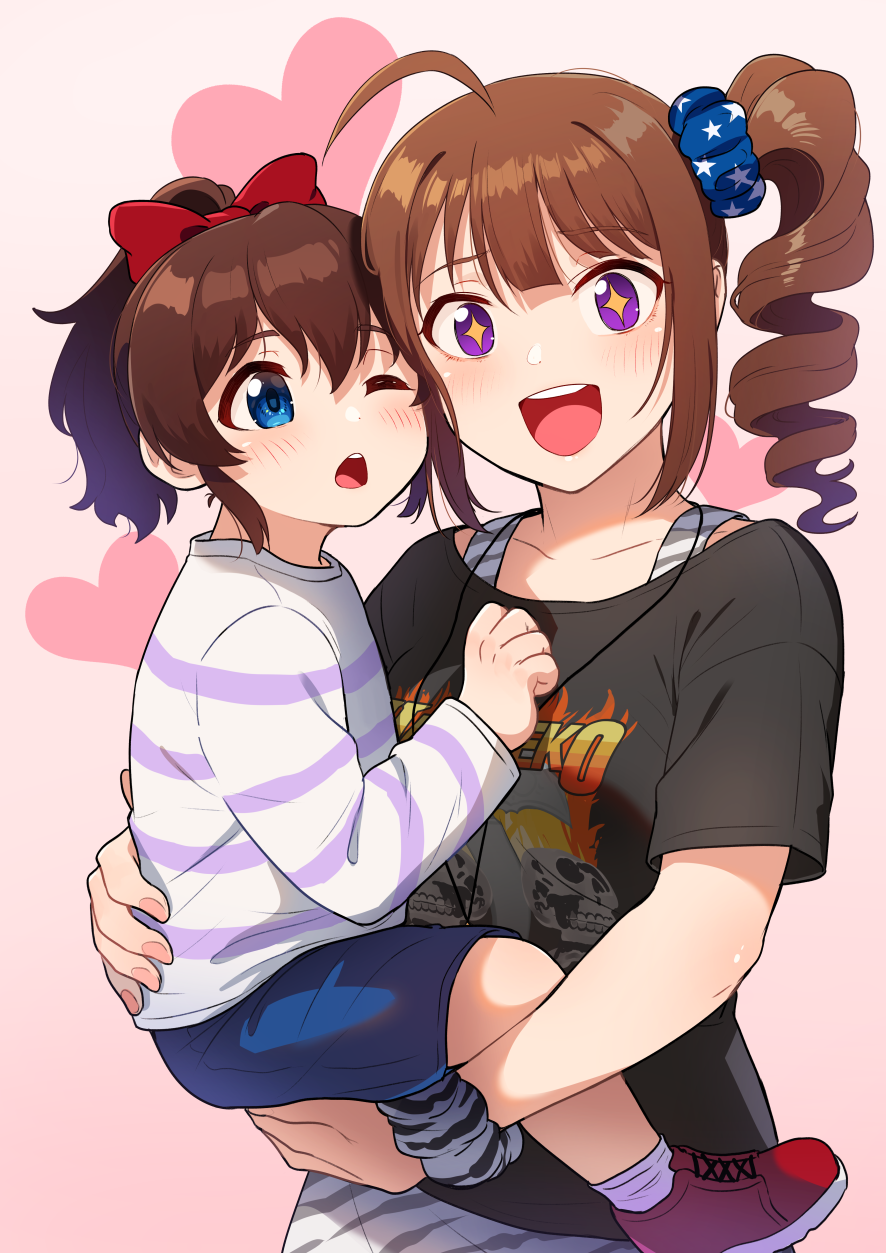 2girls aged_down ahoge animal_print bangs black_shirt blue_eyes blue_scrunchie blue_shorts blush bow brown_hair carrying carrying_person commentary gradient gradient_background hair_between_eyes hair_bow hand_on_another's_chest heart highres idolmaster idolmaster_million_live! kamille_(vcx68) long_hair long_sleeves looking_at_viewer multiple_girls one_eye_closed open_mouth pink_background ponytail print_shirt red_bow red_footwear satake_minako scrunchie shirt shorts side_ponytail smile socks sparkling_eyes striped striped_shirt t-shirt teeth upper_teeth violet_eyes white_shirt yokoyama_nao zebra_print