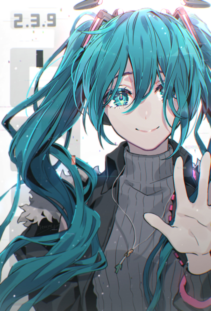 1girl aqua_eyes aqua_hair black_jacket commentary cytus fur-trimmed_jacket fur_trim grey_sweater hair_ornament hand_up hatsune_miku itsuya_(daystar) jacket jewelry long_hair looking_at_viewer necklace ribbed_sweater smile spring_onion sweater symbol_commentary turtleneck turtleneck_sweater twintails upper_body very_long_hair vocaloid waving