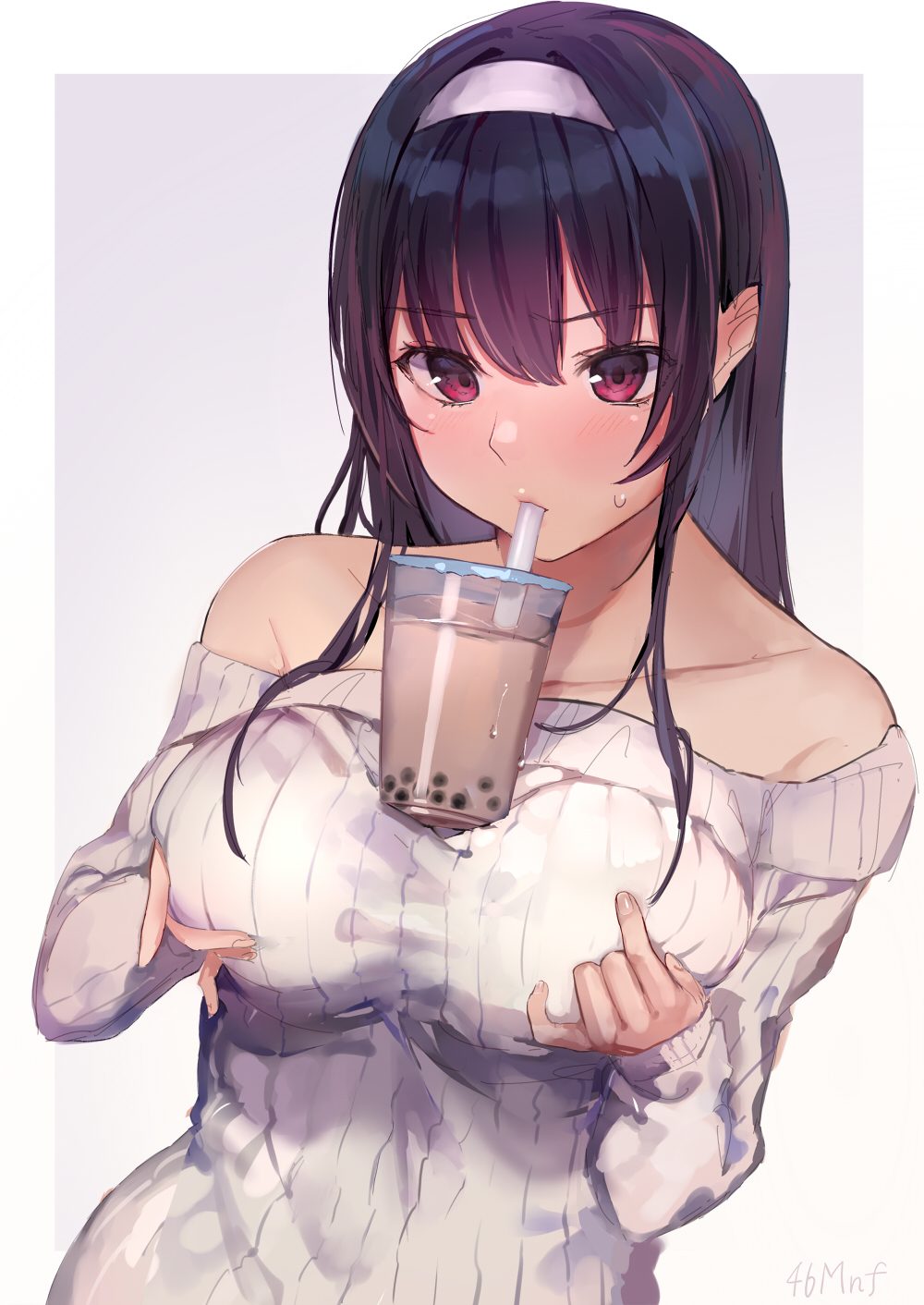 1girl bangs bare_shoulders blush breast_lift breasts bubble_tea bubble_tea_challenge commentary_request cup disposable_cup drinking drinking_straw eyebrows_visible_through_hair hair_between_eyes hairband highres kasumigaoka_utaha large_breasts long_hair looking_at_viewer off-shoulder_sweater off_shoulder outside_border purple_hair ribbed_sweater saenai_heroine_no_sodatekata shiromonefu signature solo sweatdrop sweater upper_body violet_eyes white_hairband white_sweater