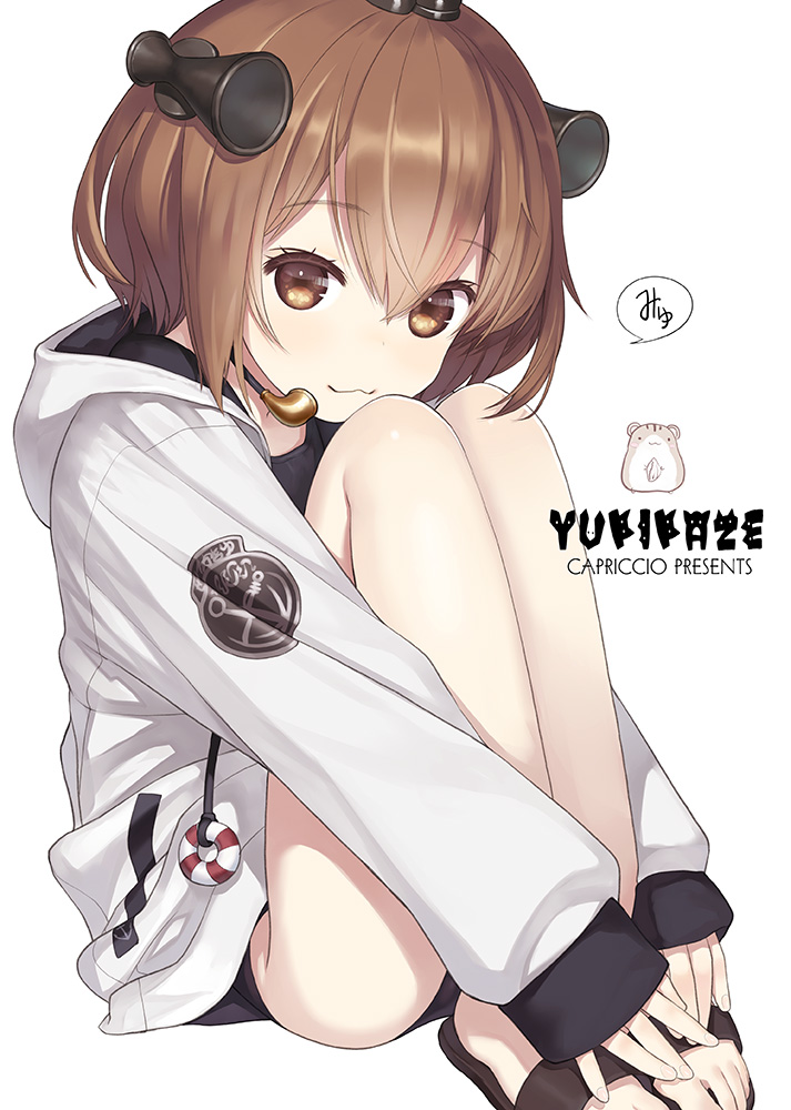 1girl :3 artist_name bangs black_footwear black_swimsuit blush brown_eyes brown_hair capriccio character_name closed_mouth commentary_request eyebrows_visible_through_hair hair_between_eyes headgear hood hood_down hooded_jacket jacket kantai_collection knees_up lifebuoy long_sleeves looking_at_viewer one-piece_swimsuit sandals simple_background sitting sleeves_past_wrists solo speaking_tube_headset swimsuit swimsuit_under_clothes white_background white_jacket yukikaze_(kantai_collection)