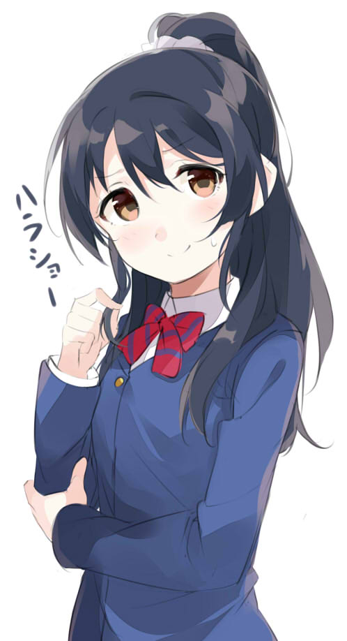1girl alternate_hairstyle arm_up bangs blazer blue_hair blush bow bowtie closed_mouth commentary_request eyebrows_visible_through_hair hair_between_eyes hand_in_hair jacket long_hair long_sleeves looking_at_viewer love_live! love_live!_school_idol_project otonokizaka_school_uniform ponytail red_neckwear school_uniform scrunchie simple_background smile solo sonoda_umi striped striped_neckwear totoki86 white_background yellow_eyes