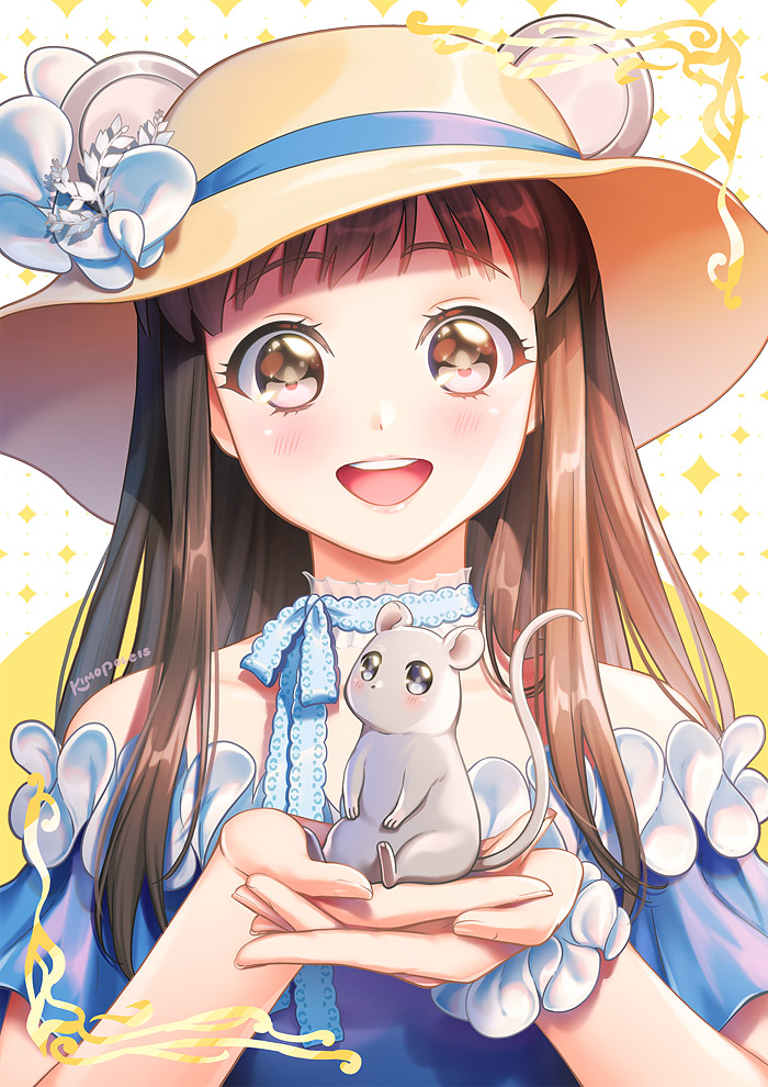 1girl animal animal_ears artist_name bare_shoulders blue_dress blue_ribbon blush brown_eyes brown_hair commentary dress eyebrows_visible_through_hair face flower fruits_basket hat hat_flower holding holding_animal kimopoleis looking_at_viewer mouse mouse_ears ribbon solo sun_hat upper_teeth white_flower